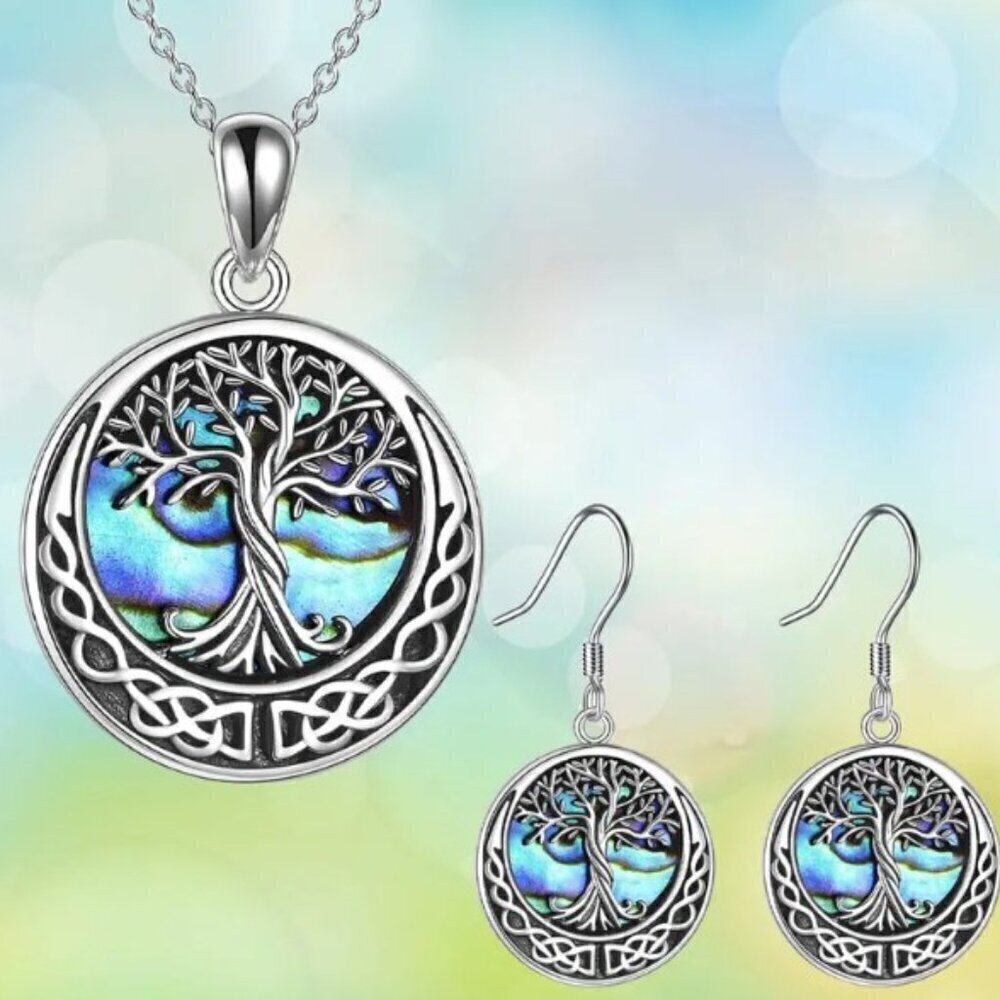 Tree Of Life Round Pendant Necklace & Earrings Set